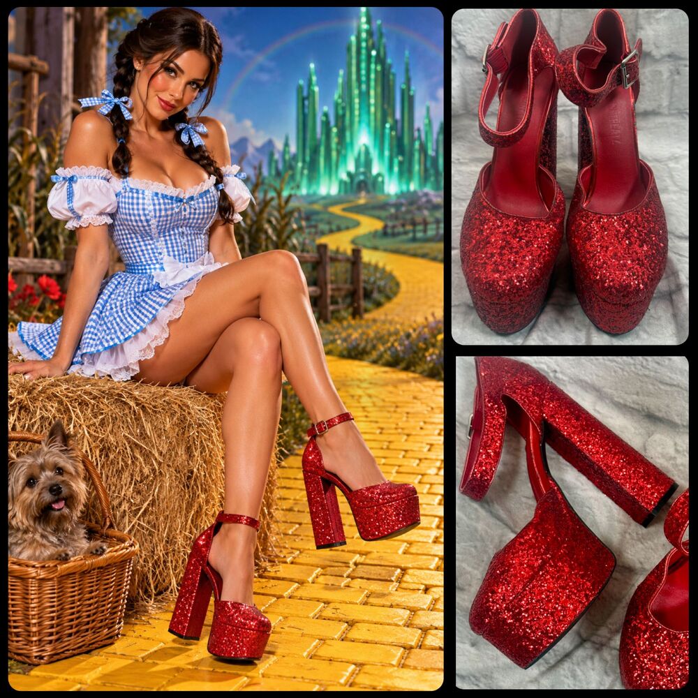 Dolls Kill Trickz N' Treatz Womens 9 Chunky Heels Red Glam Bash Glitter Platform